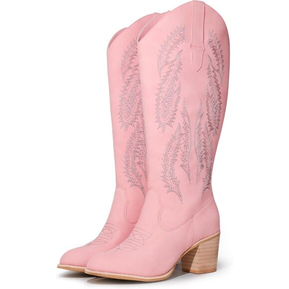 ⚡Women's Pink Retro Classic Embroidered Western Boots Cowgirl Chunky Block Heel - Picture 1 of 6
